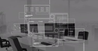 Ofisteki bilgisayarlardan veri işleme animasyonu. Dijital olarak oluşturulmuş küresel bağlantılar, iş, bilgisayar ve veri işleme kavramı.
