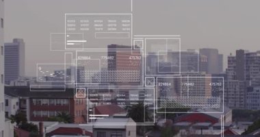 Animation of financial data processing over cityscape. Global business, finances, computing and data processing concept digitally generated video.