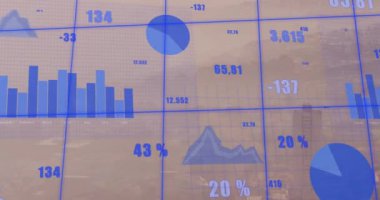 İstatistiksel veri işleme şebekesi üzerinden şehir manzarasının hava görüntüsüne karşı animasyon. İş veri teknolojisi kavramı