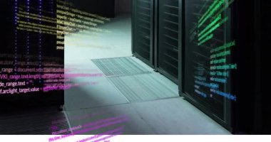 Animation of data processing against computer server room. Computer interface and business data storage technology concept