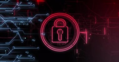 Asma kilit sembolü ve veri işleme animasyonu. Dijital olarak oluşturulan küresel çevrimiçi güvenlik, iş, finans, bilgisayar ve veri işleme kavramı.