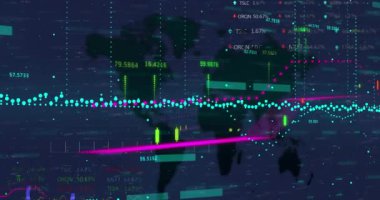 Animation of financial data processing over world map. Global business, finances, computing and data processing concept digitally generated video.