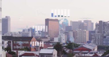 Animation of data processing against aerial view of cityscape. Computer interface and business technology concept