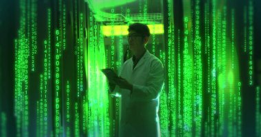 Sunucu odasında tablet kullanan Asyalı iş adamının veri işleme bileşimi. Teknoloji, bilgisayar ve çevrimiçi güvenlik konsepti dijital olarak oluşturuldu.