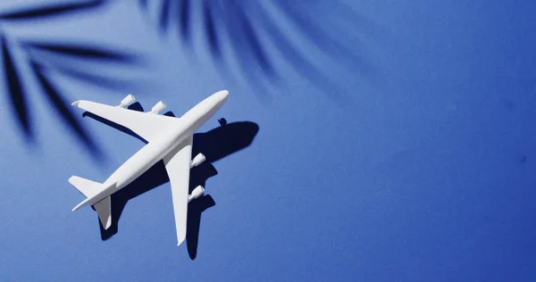 葉の影と青の背景にスペースをコピーして白い飛行機モデルの閉鎖 航空旅行 休暇の概念 — ストック写真
