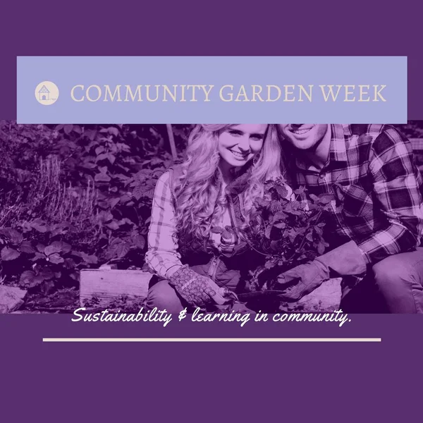Composition of community garden week text and caucasian couple gardening. Community garden week, gardening and leisure time concept digitally generated image.