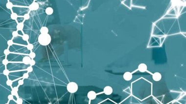 Laboratuvarda şırınga kullanan bilim adamının orta kısmındaki DNA ve kimyasal yapıların animasyonu. Tıbbi araştırma ve bilim teknolojisi kavramı