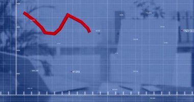 Düşen grafiğin animasyonu, boş sandalye ve dizüstü bilgisayarla şebeke üzerindeki numaraların değiştirilmesi. Dijital bileşik, çoklu pozlama, rapor, iş, azaltma, ofis ve teknoloji kavramı.