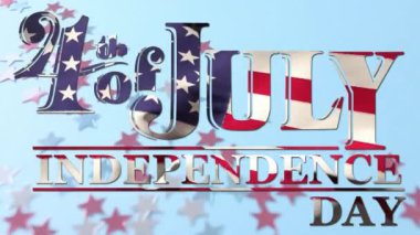 Amerika Birleşik Devletleri bayrakları üzerinde 4 Temmuz metninin mavi arka planda canlandırılması. Amerika 'nın bağımsızlık günü, gelenek ve kutlama konsepti dijital olarak oluşturuldu.