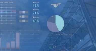 Animation of interface with data processing against tall building. Computer interface and business technology concept