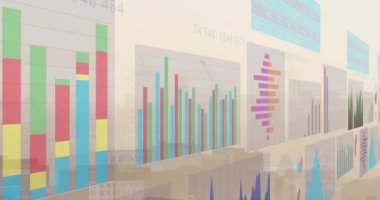 Sis üzerine çok renkli grafiklerin animasyonu modern şehri gökyüzüne karşı kapladı. Dijital bileşik, çoklu pozlama, rapor, iş, büyüme, binalar ve mimari konsept.