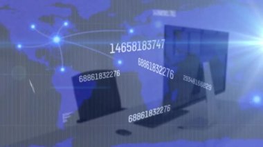 Numaraları değiştirme animasyonu, haritadaki boş sandalyeler ve ofisteki masaüstü noktaları birleştirme. Dijital bileşik, çoklu pozlama, küresel, iletişim, büyüme ve teknoloji kavramı.