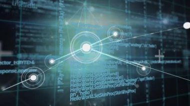 Animation of network of connections and data processing on black background. Global connections, computing and digital interface concept digitally generated video.