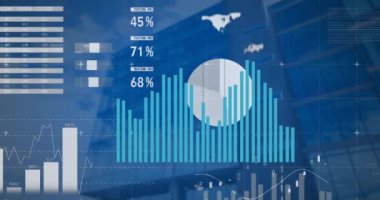 Animation of statistical data processing against low angle view of tall buildings. Business data technology concept