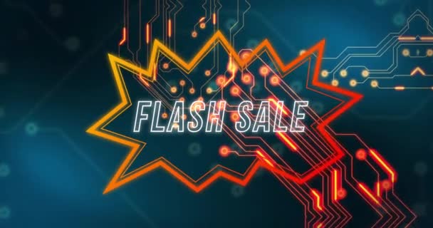 Animation Des Flash Verkaufstextes Sprechblase Platinenmuster Vor Blauem Hintergrund Digital — Stockvideo
