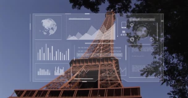 Animáció Földgömb Grafikonok Radar Adatok Alacsony Szögből Kilátás Nyílik Eiffel — Stock videók
