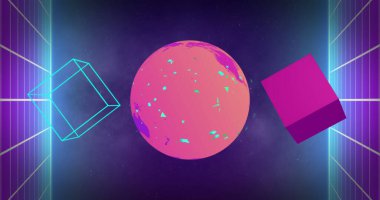 Mavi arka planda renkli küre ve küplerin bileşimi. Metaverse, desen ve renk konsepti dijital olarak oluşturuldu.