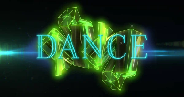 Composition of neon dance text over green crystals on black background. Light, pattern and colour concept digitally generated image.
