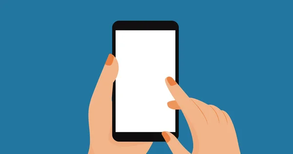 Sammansättning Händer Som Håller Smartphone Med Kopieringsutrymme Skärmen Blå Bakgrund — Stockfoto