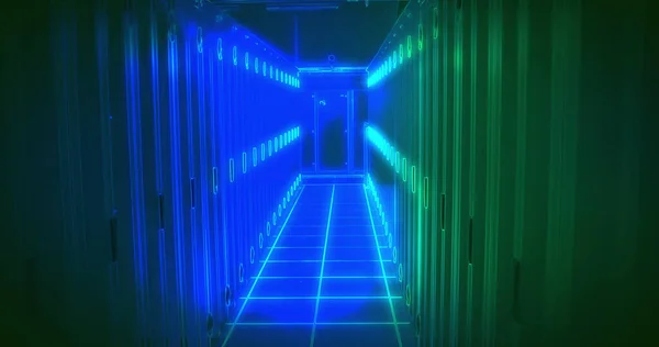 Composition of green and blue light over server room. Technology, computing and online security concept digitally generated image.