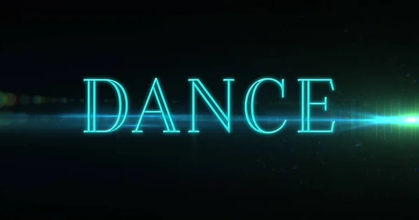 Composition of neon dance text over light trails on black background. Light, pattern and colour concept digitally generated image.