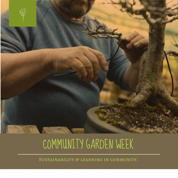 Composition of community garden week text and caucasian man gardening. Community garden week, gardening and leisure time concept digitally generated image.