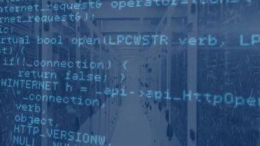 Sunucu odasındaki sunucu raflarındaki devre kartı deseni üzerinden bilgisayar dilinin animasyonu. Dijital bileşik, çoklu pozlama, kodlama, makine öğrenme, ağ oluşturma, teknoloji ve ağ sunucusu.