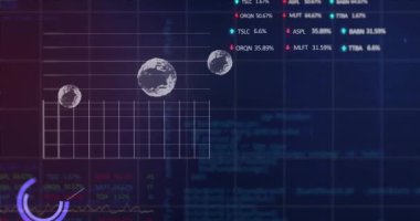 Mor gradyan arkaplana karşı istatistiksel ve borsa veri işleme animasyonu. Küresel ekonomi ve iş veri teknolojisi kavramı