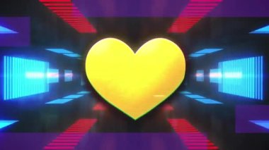 Soyut arkaplana karşı tünel oluşturan çizgilerin üzerinde sarı kalbin animasyonu. Dijital olarak üretilmiş, hologram, illüstrasyon, aydınlanma, aşk, gelecek ve teknoloji kavramı.