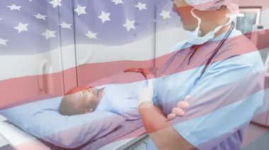 Kadın bir cerrah hastanede kollarını kavuşturmuş duruyor. Dijital olarak üretilen covid pandemik konsept sırasında küresel tıp sağlık hizmetleri.