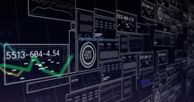 Yeşil hat üzerinde finansal veri işleme animasyonu. Küresel iş, finans, bilgisayar ve veri işleme kavramı dijital olarak oluşturulmuş video.