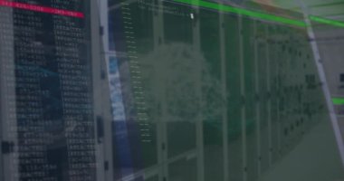 Bilgisayar sunucuları üzerinden veri işleme animasyonu. Küresel ağlar, bağlantılar, hesaplama ve veri işleme kavramı dijital olarak oluşturulmuş video.