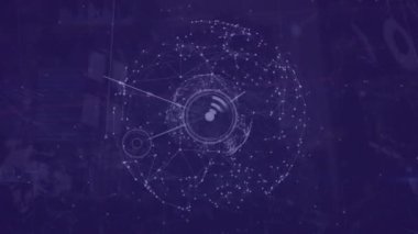 Mor arkaplandaki bağlantı ağları üzerindeki dijital simge ağının animasyonu. Küresel ağ ve iş teknolojisi kavramı