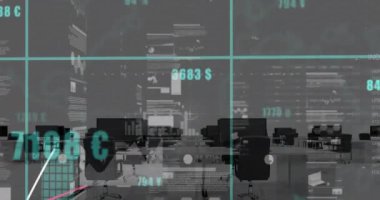 Animation of statistical data processing over grid network against empty office. Computer interface and business data technology concept