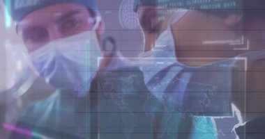 Hastanedeki çeşitli cerrahlar üzerinde veri işleme arayüzünün animasyonu. Tıbbi sağlık ve araştırma teknolojisi kavramı