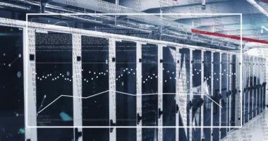 Sunucu odasında dikdörtgen içinde grafiklerin, çizgilerin ve bilgisayar dilinin animasyonu. Dijital bileşik, çoklu pozlama, rapor, iş, kodlama, ağ, teknoloji ve ağ sunucu kavramı.