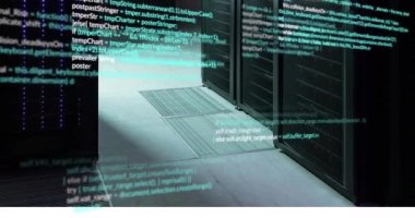 Animation of data processing against empty computer server room. Computer interface and business data storage technology concept