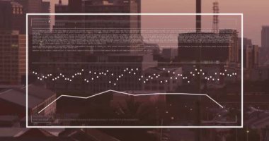 Şehir manzarasının havadan görüntüsüne karşı istatistiksel veri işleme animasyonu. Bilgisayar arayüzü ve iş teknolojisi veri kavramı