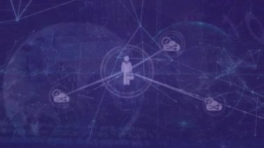 Mor arkaplan üzerinde dönen dünyayı çevreleyen dijital simge ağının animasyonu. Küresel ağ ve iş teknolojisi kavramı