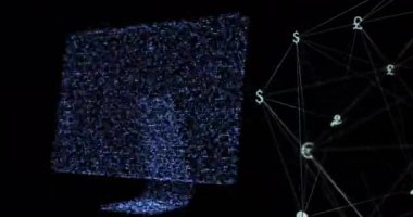 Siyah arkaplanda bağlantıları olan parlayan bilgisayar ve kürenin animasyonu. Dijital olarak oluşturulmuş küresel çevrimiçi güvenlik, bilgisayar ve veri işleme kavramı.