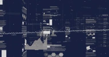 Siyah arkaplanda veri işleme animasyonu. Küresel teknoloji, bilgisayar ve dijital arayüz kavramı dijital olarak oluşturulmuş video.