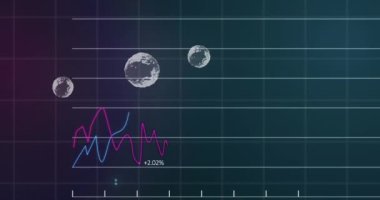 Animation of statistical data processing over grid network against green gradient background. Business data technology concept