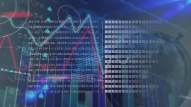 İkili kodların animasyonu, soyut arkaplana karşı grafikler üzerinden çubuklar yükleme ve alım satım tahtası. Dijital bileşik, çoklu pozlama, rapor, iş, ilerleme, borsa ve teknoloji.