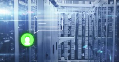 Bilgisayar sunucuları üzerinden veri işleme animasyonu. Dijital olarak oluşturulmuş küresel ağ, hesaplama ve veri işleme kavramı.