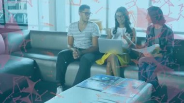 Animation of data processing over diverse business people in office. Global business, finances, computing and data processing concept digitally generated video.