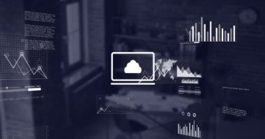 Boş ofise karşı istatistiksel veri işleme ile ekranların animasyonu. Bilgisayar arayüzü ve iş teknolojisi kavramı