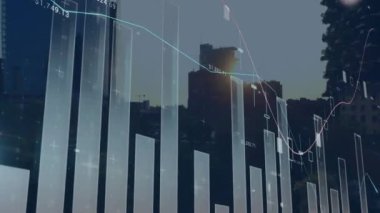 İstatistiksel veri işleme şebekesi üzerinden şehir manzarasının hava görüntüsüne karşı animasyon. Bilgisayar arayüzü ve iş veri teknolojisi kavramı