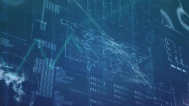 Koyu mavi arka planda dünya haritası, grafik ve veri işleme. Küresel iletişim, iş ve dijital arayüz teknolojisi, dijital olarak oluşturulmuş video.