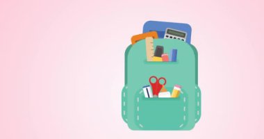 Pembe arka planda sırt çantası ve okul simgelerinin canlandırılması. Dijital olarak üretilen eğitim, öğrenme ve bilgi konsepti.