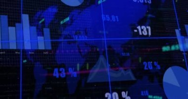 Animation of financial data processing over world map. Global business, finances, computing and data processing concept digitally generated video.